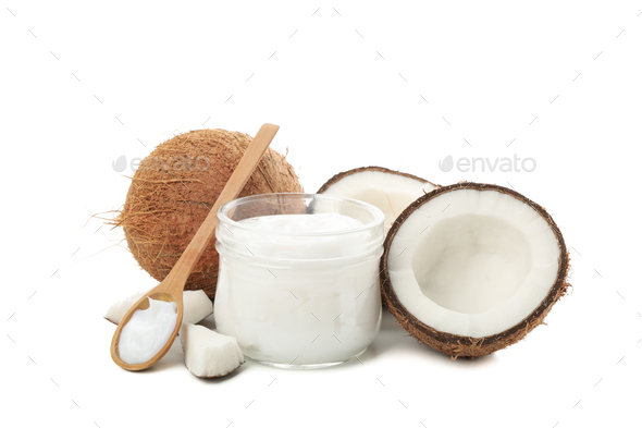 Coconut and cosmetic isolated on white background. Tropical fruit Stock ...