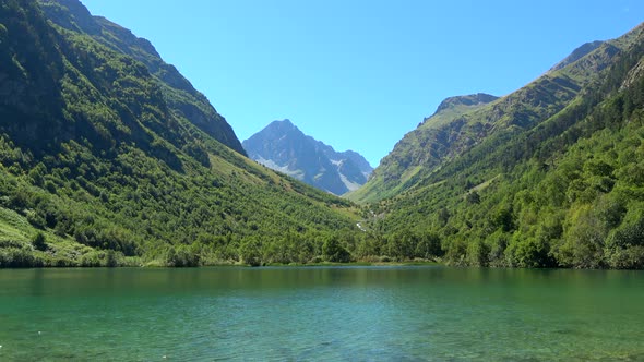View lake scenes in mountains, national park Dombai