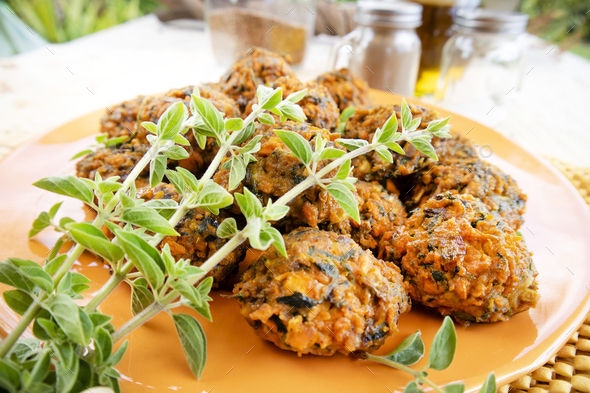 Falafel prepared with carrots and various spices - Stock Photo - Images