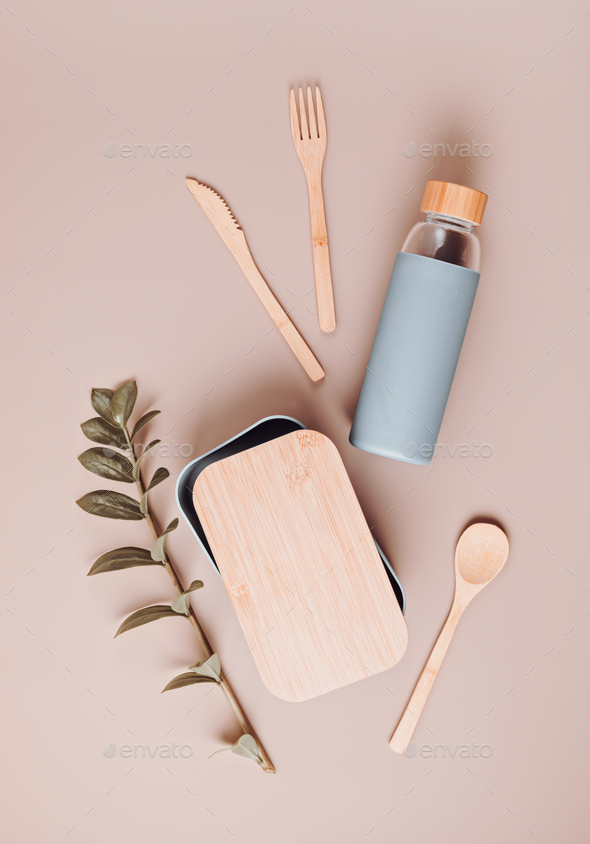 Zero waste kit for lunch, reusable bottle, box and bamboo cutlery Stock  Photo by OksaLy