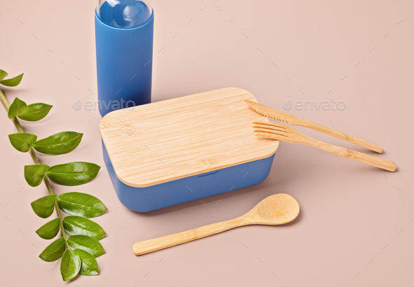 Zero waste kit for lunch, reusable bottle, box and bamboo cutlery Stock  Photo by OksaLy