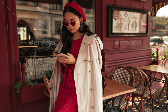 Young Pretty Brunette Woman In Red, Red Trench Coat Cute Outfits