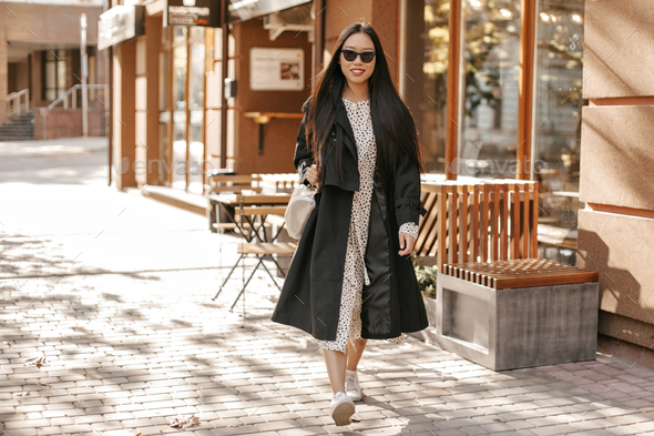 Black Trench Coat And Midi Dress Smiles, How To Wear A Black Trench Coat Female