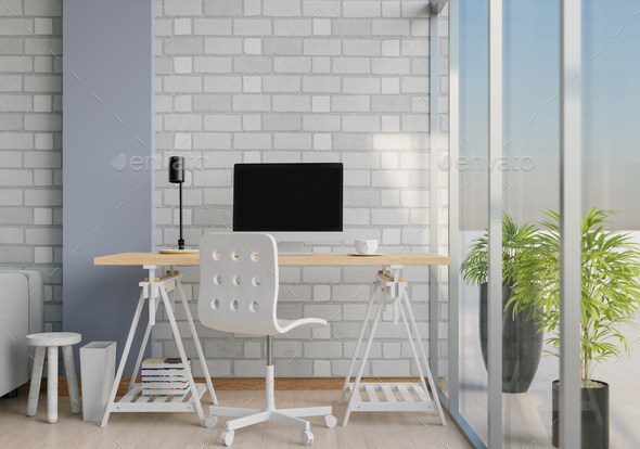 Office room with furniture and desktop computer Stock Photo by Johnstocker