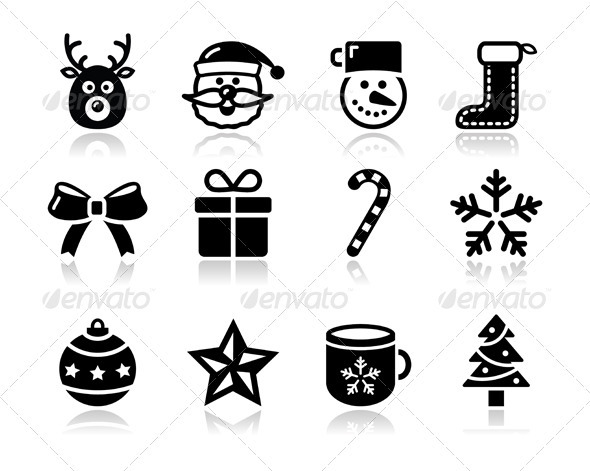 Christmas black icons with shadow set - santa, pre - Christmas Seasons/Holidays