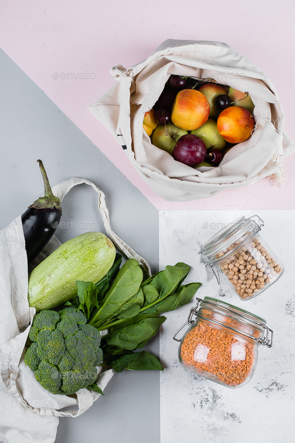 Clean eating, vegan concept. Vegetables, fruits in eco reusable bag. Eco friendly, zero waste