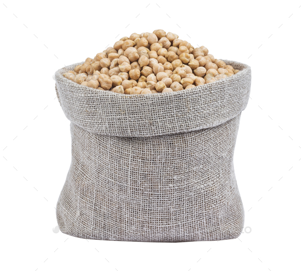 Chickpeas in burlap bag isolated on white
