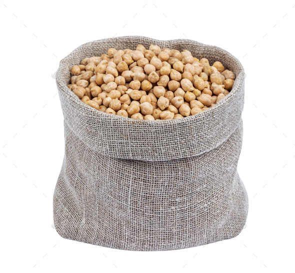 Chickpeas in burlap bag isolated on white