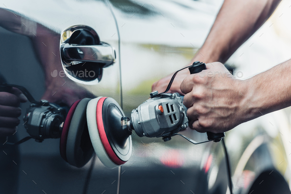 Cropped View Car Cleaner Polishing Car Polish Machine Stock Photo