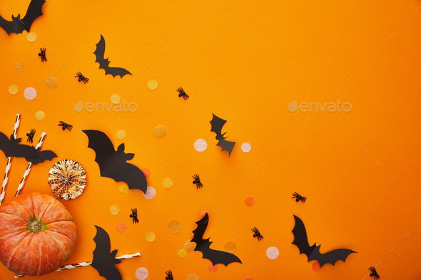 top view of pumpkin, bats and spiders with confetti on orange background,  Halloween decoration Stock Photo by LightFieldStudios