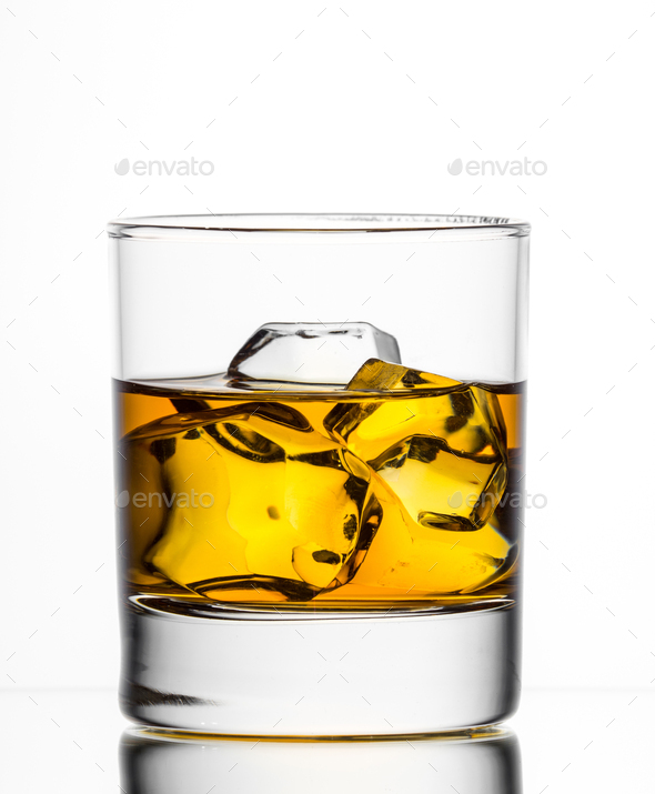 Whisky on the rocks on white background