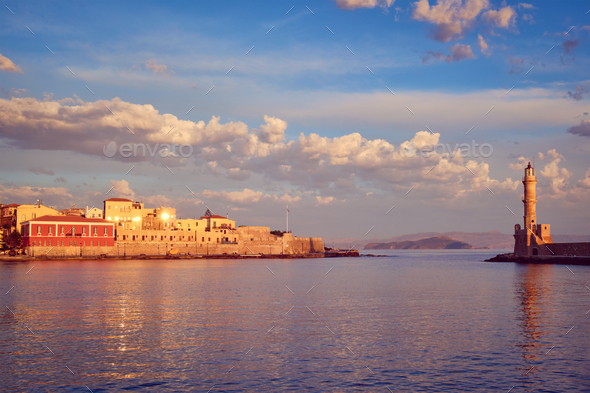 Picturesque old port of Chania, Crete island. Greece - Stock Photo - Images