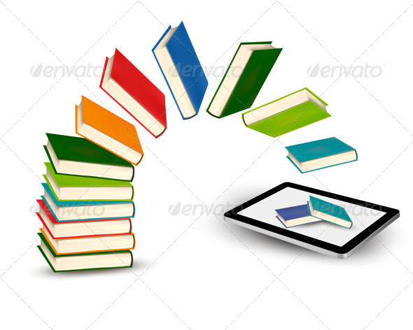 Books flying in a tablet Vector illustration - Concepts Business