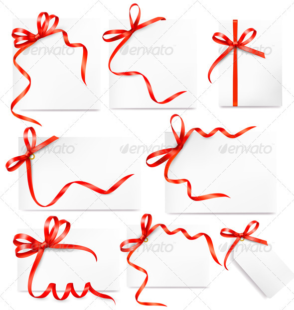 Set of card notes with red gift bows with ribbons - Decorative Symbols Decorative