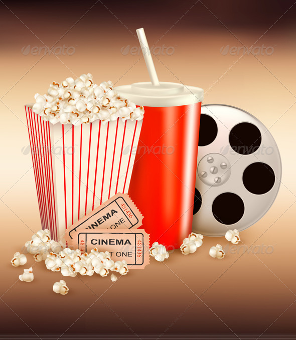 Popcorn and a drink and two tickets Vector - Retro Technology