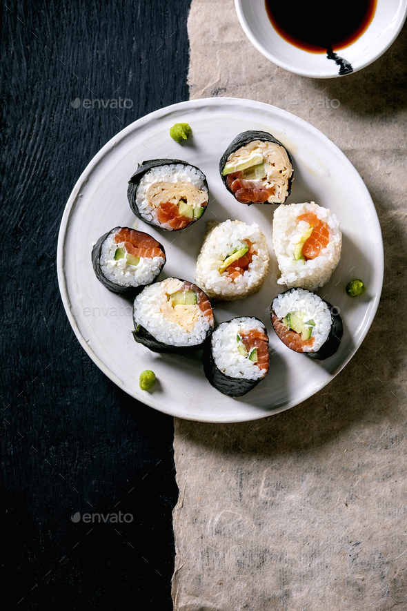 Sushi Roll Set Plate Soy Sauce Dark Wooden Background Stock Photo