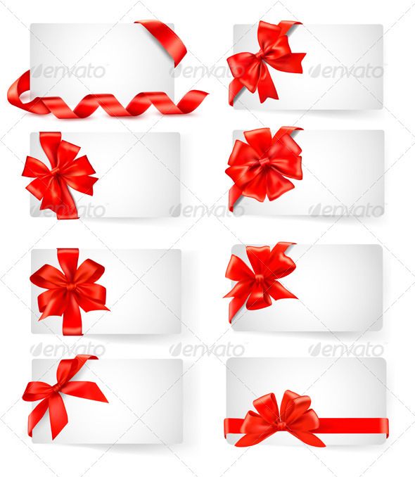 Set of card notes with red gift bows with ribbons - Christmas Seasons/Holidays