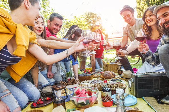 Happy friends cheering with red wine at picnic party outdoor - Stock Photo - Images