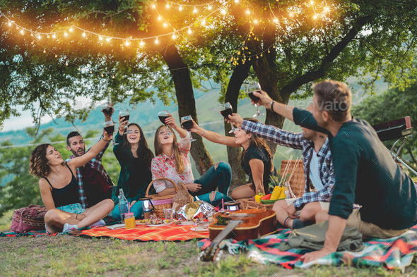 Happy friends having fun at picnic dinner with vintage lights outdoor next vineyard - Stock Photo - Images