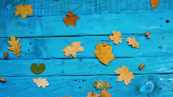Slow Motion Of Foliage Falling On Vintage Table Outdoors, Autumn Background With Yellow