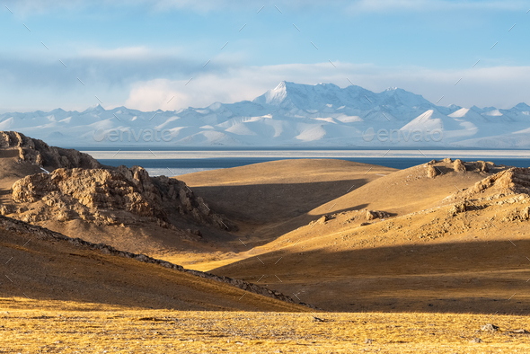 tibet plateau landscape of holy lake and snow mountain