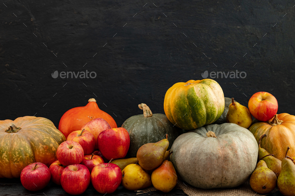 Harvest of pumpkins, apples and pears close up Stock Photo by FabrikaPhoto