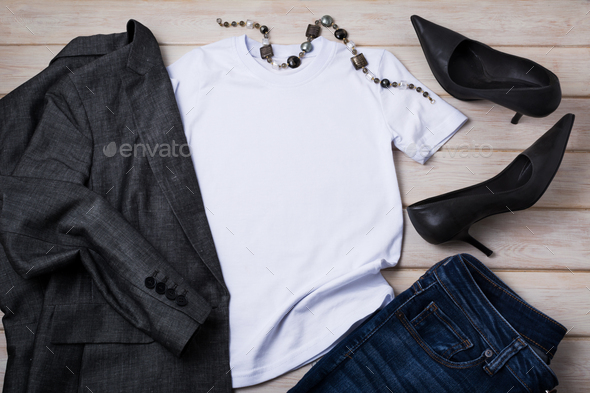 Women T-shirt mockup with high heels, murano necklace and blazer - Stock Photo - Images