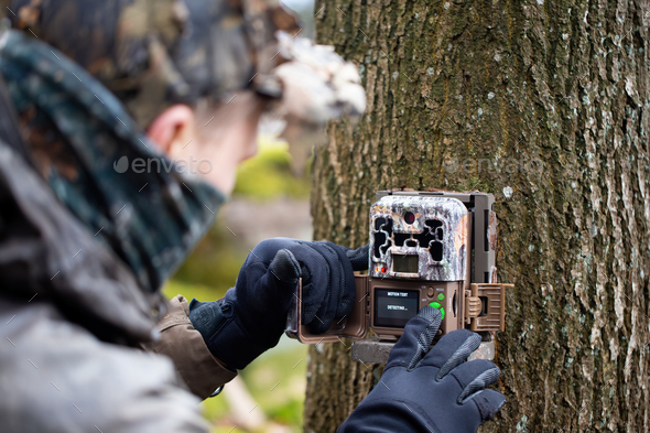 Wildlife enthusiast setting up a trail camera on tree and operating buttons