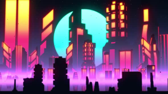 Synthwave City Skyline Lo-fi VJ Loop, Motion Graphics | VideoHive