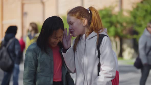 Portrait Of Two Multicultural Teenage Girls Gossiping Outdoors School Building By Nimito