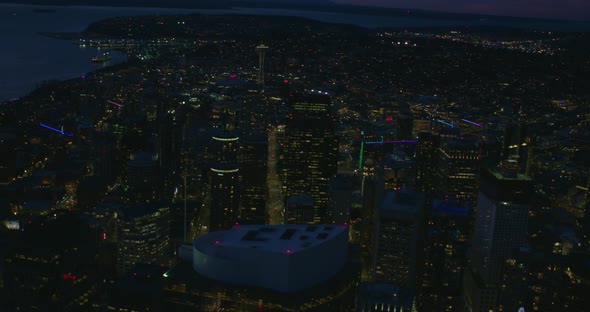 Seattle Aerial Flying Above Skyscraper Night North View Waterfront City Coast alt