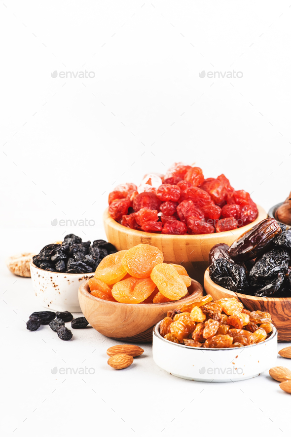 Assortment of nuts and dried fruits. Healthy snacks Stock Photo by Olga