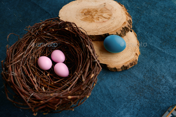 Willow branch, easter eggs in nest and tableware - Stock Photo - Images