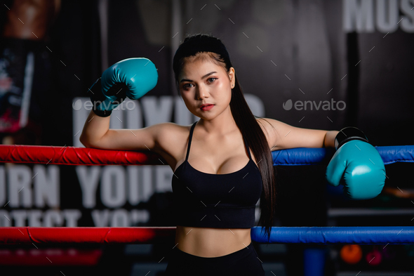 Download Young Beautiful Woman Boxer Exercise Resting On Boxing Ring Stock Photo By Johnstocker