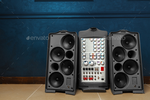 Stereo audio system with large speakers and amplifier - Stock Photo - Images