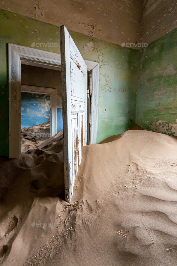 Decaying architecture at Kolmanskop, an abandoned diamond mining town