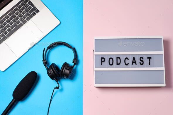 Music or podcast background with headphones, microphone, coffee Stock Photo  by Boyarkinamarina