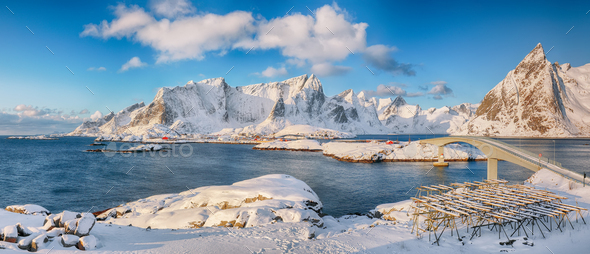Panoramic winter view on Reine and Sakrisoya villages and bridge to Olenilsoya island. - Stock Photo - Images