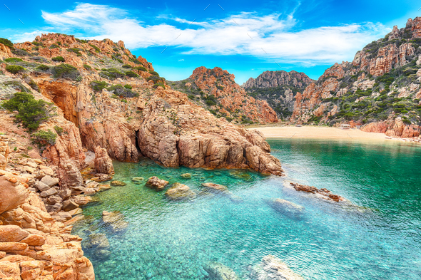 Fantastic view of Li Cossi beach on Costa Paradiso resort. Stock Photo ...