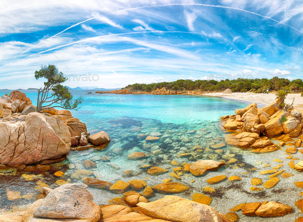 Astonishing view of Capriccioli beach in Costa Smeralda. - Stock Photo - Images