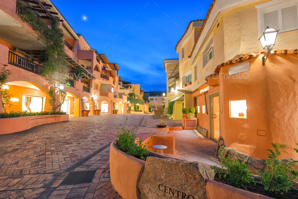 Fantastic view of Porto Cervo town illuminated at night. - Stock Photo - Images