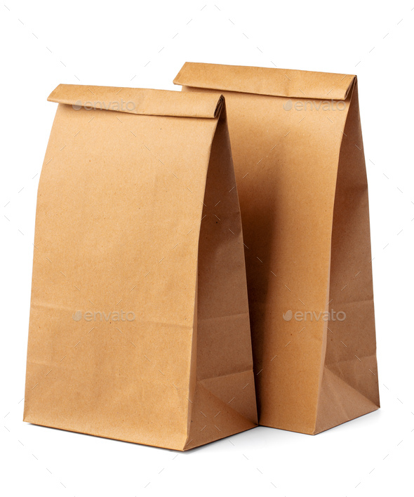Brown craft paper bag packaging template on white background Stock Photo by  FabrikaPhoto