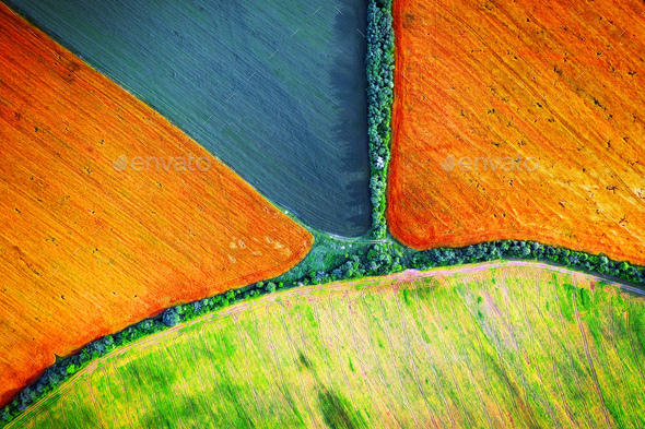 Aerial drone top view fields - Stock Photo - Images
