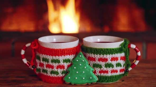 Two Christmas Cups of Mulled Wine near Fireplace