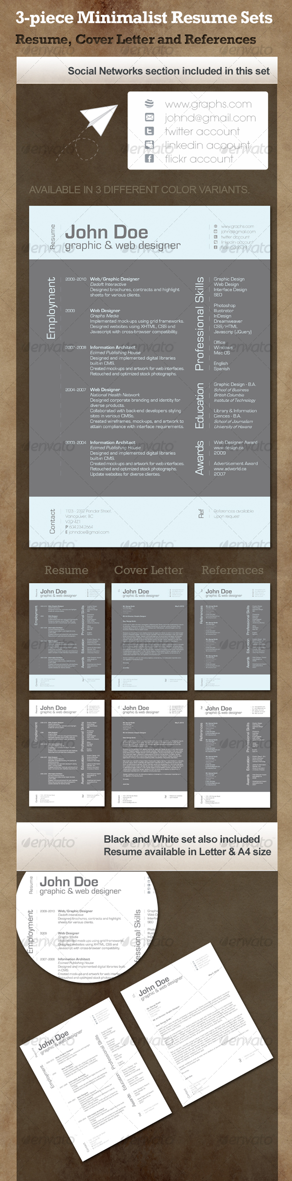 3-Piece Minimalist Resume - Resumes Stationery