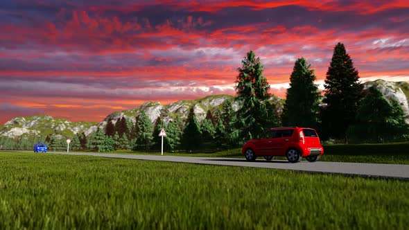 Red Car On A Scenic Road