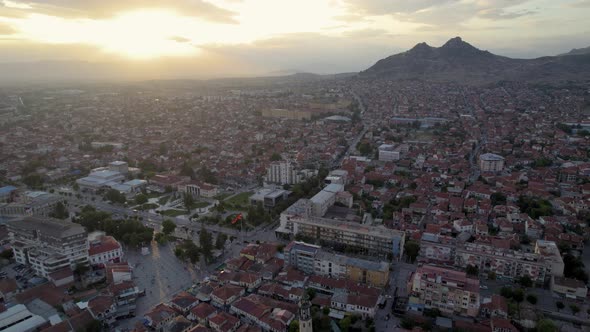 Aerial view of the beautiful town of Prilep. Drone view of a town. alt