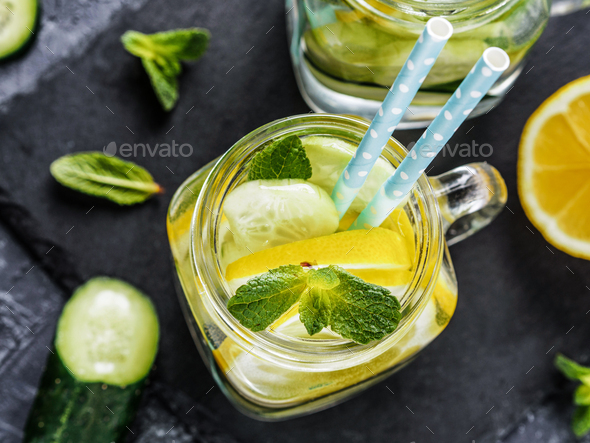 detox water with cucumber, lemon and mint - Stock Photo - Images