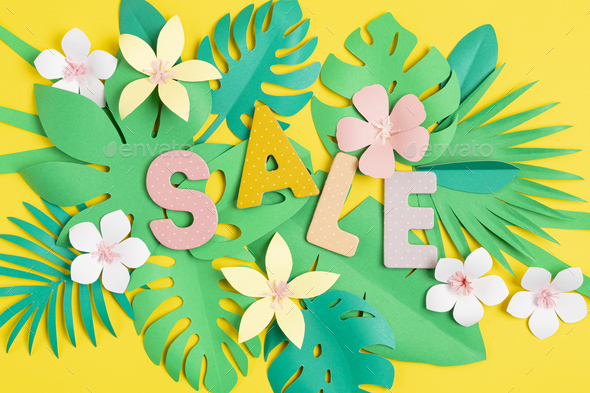 Word Sale over tropical paper cut leaves background. Summer sale, online  deals, discounts idea Stock Photo by OksaLy