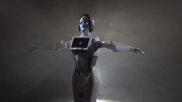 Robot Is Spinning Around Itself. Black Smoke Background alt